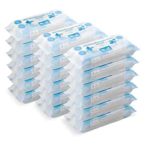 by Amazon Ultrasensitive Babyfeuchttücher, 100% pflanzliche Fasern, 99% Wasser, 1080 Tücher, Unparfümiert, 18 Packungen à 60 Stück