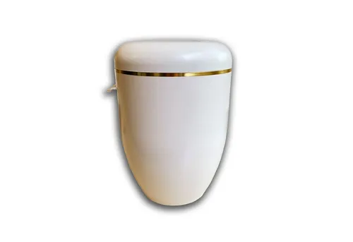 Lasernauten Grabkerze Bio Urne creme weiß mit Goldrand - Elegante Bio-Urne in creme mit Goldrand, aus nachwachsenden Rohstoffen. Kompostierbar und mit individueller Gravur, ideal für eine persönliche Abschiednahme. Maße: Höhe ca. 27 cm, Durchmesser ca. 19 cm, Fassungsvermögen ca. 4,5 Liter.