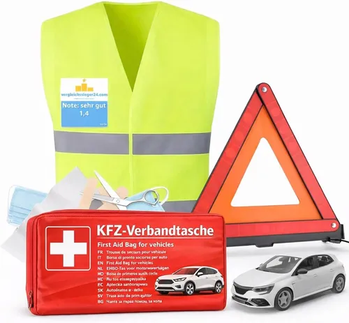 Erste-Hilfe-Set 3 in 1 - Auto Erste Hilfe Set 2025 - Erste Hilfe Kit für PKW, inklusive Mundschutzmasken für hygienische Hilfe und gelber Warnweste, ideal für Notfälle auf der Straße.