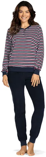 Damen Schlafanzug COMTESSA 2-teilig Frottee Pyjama in Marine, Gr. 46 - Bequemer 2-teiliges Set für Damen aus hochwertiger Baumwollmischung mit Knopfleiste. Ideal für alle Jahreszeiten und in stylischem Streifenmuster. Maschinenwaschbar und mit geprüfter Qualität.