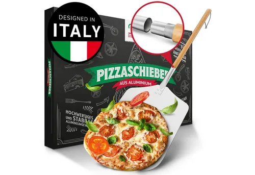 Pizza Divertimento [DAS ORIGINAL] - Pizzaschieber aus Aluminium - Küchenhelfer & Kochzubehör - Robuster Pizzaschieber mit abgeflachten Kanten für einfaches Herausnehmen der Pizza und inkl. gratis e-Rezeptbuch mit über 30 Pizzarezepten.