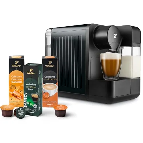 Tchibo Cafissimo „milk“ Kaffeemaschine - 1-Tassen-Kaffeemaschine für perfekten Espresso und Milchspezialitäten, inkl. 30 Kapseln und abnehmbaren Milchtank für einfachen Genuss auf Knopfdruck.