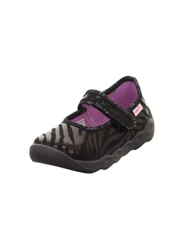 Superfit Bubble Hausschuh schwarz (0050) 26 - Der Ballerina BUBBLE begeistert mit liebevollen Details und einer atmungsaktiven, veganen Textiloberfläche. Ideal für Kinder, hinterlässt die Sohle keine Spuren auf dem Boden und bietet hohen Tragekomfort.