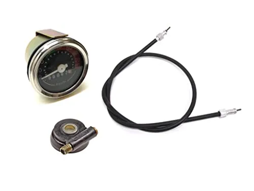 Tacho-Set mit Welle & Antrieb passend für Puch Maxi 17 Zoll – Tachometer 80 km/h Ø48mm – VDO Tachoschnecke & Tachowelle 750 mm M10 – Moped Mokick
