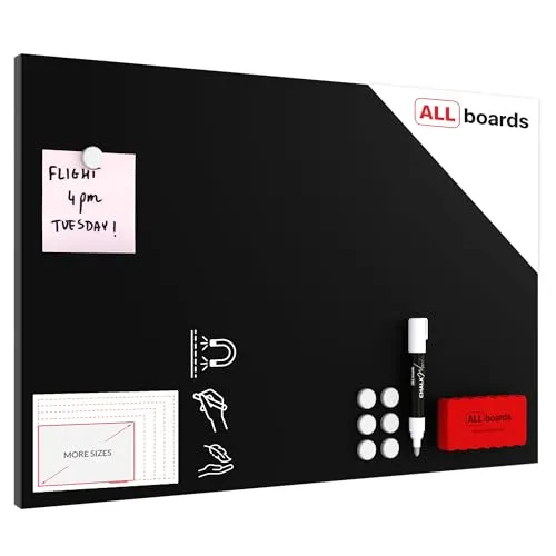ALLboards Kreidetafel MetalBoards, 40 x 60 cm, magnetisch, rahmenlos, schwarz - Präsentationstafel, magnetisch und rahmenlos, mit 10 Magneten, 6 Tafelkreiden und 1 Schwamm – ideal für kreative Notizen und moderne Dekoration.