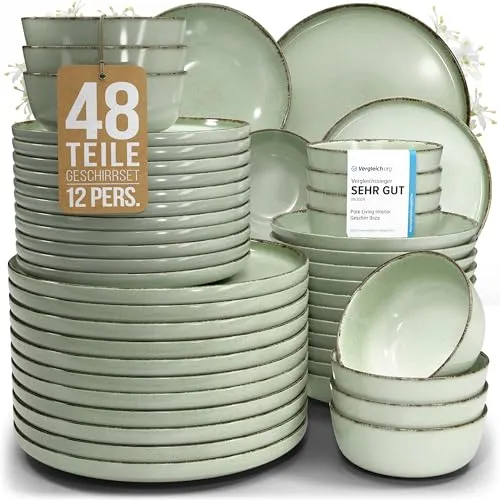 PURE LIVING INTERIOR DESIGN Geschirr-Set Steingut 48-tlg. für 12 Personen - Hochwertiges Steingut-Geschirrset mit reaktiver Glasur, ideal für festliche Anlässe oder den Alltag. Spülmaschinen- und mikrowellengeeignet, langlebig und einzigartig in der Optik.