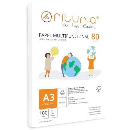 OFITURIA Packung mit 80 g A3-Blättern, 100 Blatt, weißes Multifunktionspapier für Schule und Laborals, ideal für Laserdrucker, Tintenstrahldrucker oder Kopierer