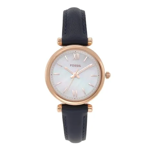 Fossil Damenuhr Carlie ES4502 - Elegante 28mm Quarz-Armbanduhr mit roségoldenem Edelstahlgehäuse und blauem Lederarmband, wasserfest bis 50m – perfekt für stilbewusste Frauen.