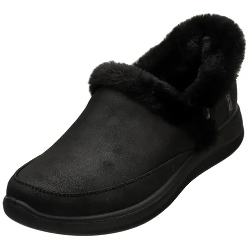 Skechers Cozy Escape Slip-On Schwarz BBK - Bequemer Slipper für Wanderungen - Wanderschuhe in Größe 38, ideal für Komfort bei Outdoor-Aktivitäten. Das Textilmaterial sorgt für Atmungsaktivität und ein angenehmes Tragegefühl.