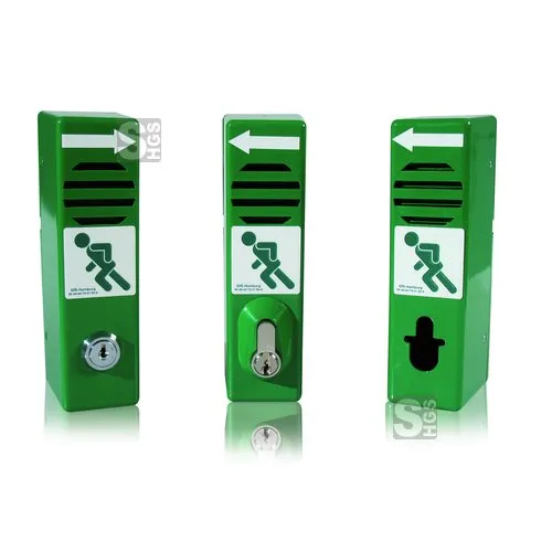 Türwächter grün mit Profilhalbzylinder - Sicherheitslösung für Notausgänge, geeignet für links- und rechtsangeschlagene Türen. Netzunabhängig mit 9 Volt Batterie, einfache und sabotagesichere Montage ohne Elektromontage.