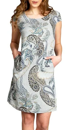Caspar SKL022 Damen Sommer Leinenkleid - Freizeitkleid für Damen aus 100% Leinen, luftiger Stoff ideal für heiße Tage, in großen Größen bis 50 erhältlich, bequem mit klassischem Paisley Print.