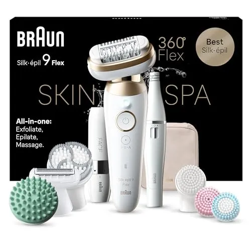 BRAUN Silk-épil 9 Flex SkinSpa SE9-681: All-in-One Epilierer, Rasierer & FaceSpa - Epilierer, Rasierer & Gesichtsreinigungsbürste in einem! Der 360° flexible Kopf sorgt für mühelose Haarentfernung, während die Wet&Dry-Funktion die Anwendung unter der Dusche ermöglicht.