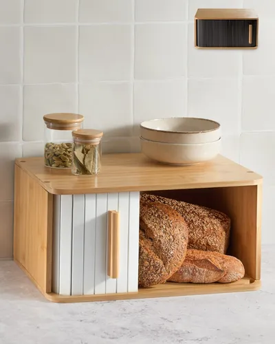 Holz Roll Brot Kasten Weiß Groß - Brotkästen aus hochwertigem Bambus mit rollbarem Deckel, ideal zur stilvollen Aufbewahrung von Backwaren. Maße: 40 x 28 cm, modernes Design für jede Küche.