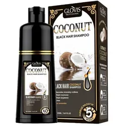 GLOVIS Coconut Dye Shampoo 500ml - Intensives Kokosnuss-Haarfärbeshampoo für glänzendes Schwarz - Haarfärbemittel ohne Ammoniak und Wasserstoffperoxid. Verleiht intensive Farbe und Pflege, ideal für die Anwendung zu Hause. Mit pflanzlichen Inhaltsstoffen für geschmeidiges, glänzendes Haar.