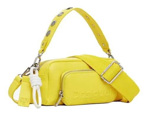 Desigual Half Logo Prad Crossbody Bag - Gelbe Umhängetasche für Damen - Damentaschen, ideal für Freizeitaktivitäten, mit verstellbarem Riemen und stylischem Design in leuchtendem Gelb.