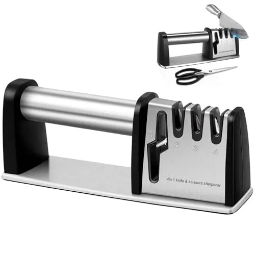 Profi Messerschärfer mit Edelstahlfuß und -griff, 4 in 1 der Multifunktionsschärfer für Messer und Scheren, ergonomisch und effizient, Knife Sharpener