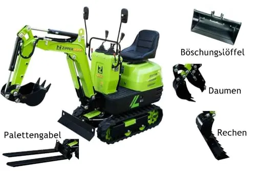 Minibagger Zipper ZI-MBGS600 mit Zubehör - Kipper & Dumper, inklusive Palettengabel, Rechen und Böschungslöffel für vielseitige Anwendungen im Garten- und Landschaftsbau.