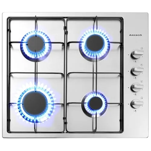 Arebos Gaskochfeld 4 Flammig 58 cm - Edelstahl Gasherd mit Flammenschutz, effizient und energiesparend für präzise Kochergebnisse
