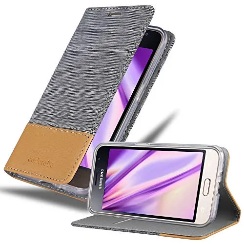 Cadorabo Hülle kompatibel mit Samsung Galaxy J1 2016 aus Jeans und Kunst Leder Flip Klappbare Stoßfeste Magnetische [Standfunktion] [Kartenfächern] Cover Hülle für Galaxy J1 2016 Tasche in Grau