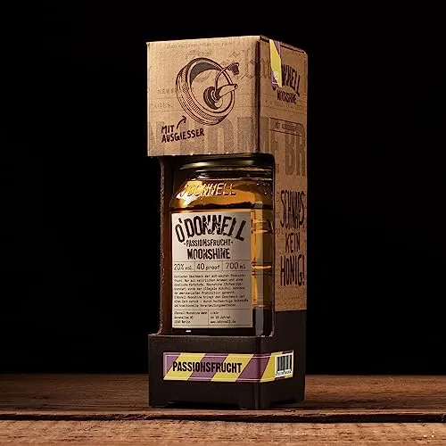O’Donnell Moonshine Passionfruit Likör (700ml) + Ausgießer – Premium Likör mit echtem Fruchtsaft – Exotisch, Fruchtig & Ohne künstliche Aromen – 20% Alkohol im Original Mason Jar – Made in Berlin