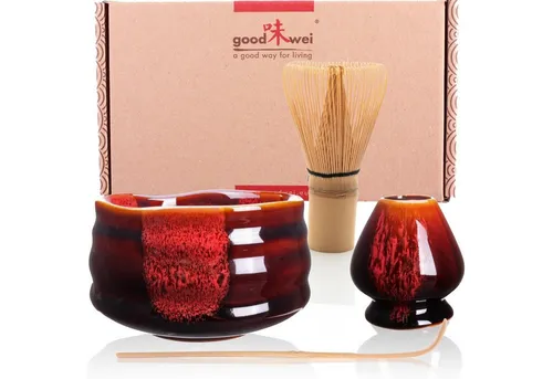 Goodwei Teeservice Matcha Teezeremonie Set "Akai" - Teeservice für 1 Person, ideal für authentische japanische Teezeremonien, inklusive Matchabesen und Halter aus Keramik und Bambus.