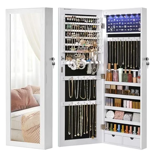 SONGMICS Schmuckschrank hängend - Wandspiegel mit 6 LED-Glühbirnen, abschließbar und elegant, ideal für stilvolle Schmuckaufbewahrung