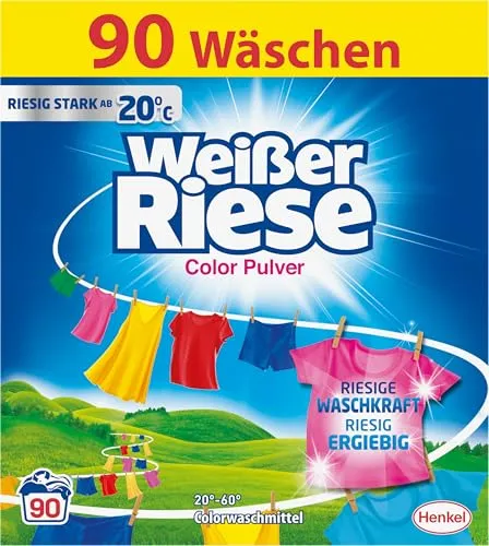 Henkel AG & Co. KGaA Weißer Riese Color Pulver, 4,5 kg - Starkes Waschpulver für strahlend saubere Wäsche - Colorwaschmittel mit Farbschutzformel für leuchtende Farben, ideal für Familien, um auch bei 20 °C energiesparend und umweltbewusst zu waschen.