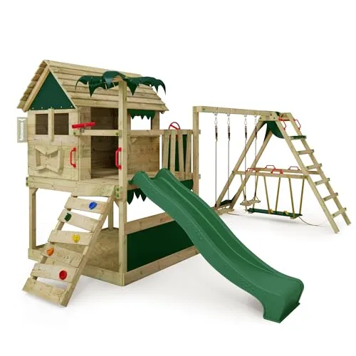 FATMOOSE Spielturm Klettergerüst TikaTaka Town XXL - Outdoor Spielturm mit SurfSwing, Schaukel und grüner Rutsche, ideal für unbeschwertes Spielen im Garten. Besonders stabil mit 10 Jahren Garantie auf hochwertiges Holz.