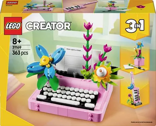 LEGO CREATOR Schreibmaschine mit Blumen 31169 - Bauspielzeug & Konstruktionsspielzeug - 3-in-1 Set mit beweglicher Schreibmaschine, Keytar oder Blumentopf, ideal für kreative Kinder ab 8 Jahren.