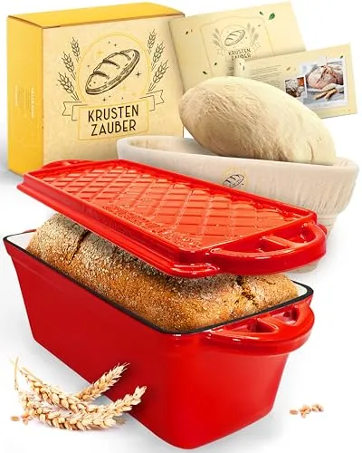 Krustenzauber Brotbackform Gusseisen mit Gärkorb - Brotbackformen für perfekte Resultate – inklusive Gärkörbchen für ideale Brotform und knusprige Kruste. Erlebe das Backvergnügen mit unserem hochwertigen Gusseisentopf!