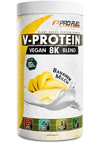 ProFuel V-Protein 8K Blend (750g) Banana Milk - Hochwertiger Proteinshake - Genießen Sie den leckeren Banana Milk Geschmack mit 750g hochwertigem Protein. Ideal für die Unterstützung der täglichen Ernährung und den Muskelaufbau.