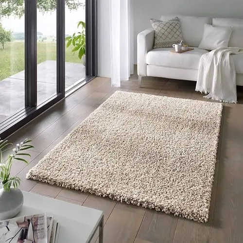 TaraCarpet Langflor-Teppich Venezia Shaggy 300x400 cm - Teppich in elegantem Uni Beige, Höhe 35 mm, ideal für Wohnzimmer und Schlafzimmer – weich und pflegeleicht, perfekt für Allergiker.