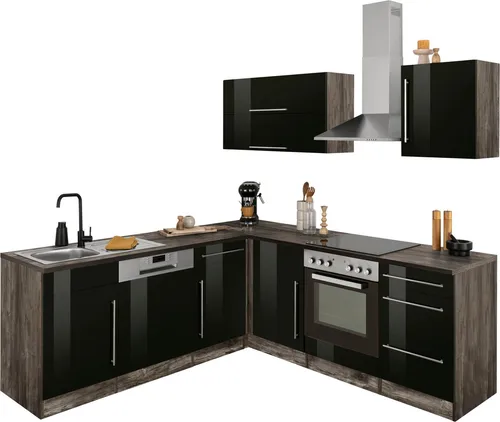 Winkelküche KOCHSTATION "KS-Samos" in Schwarz - Küchenzeilen mit eleganter schwarz Hochglanzfront und eiche Vintage Korpus, ideal für modernes Kochen und stilvolle Räume.