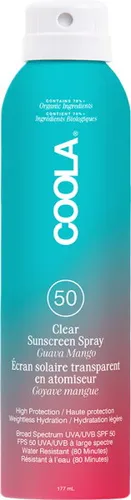 Coola Classic SPF 50 Body Spray Guava Mango 177 ml - Bio-Sonnenschutzmittel für aktive Tage in der Sonne mit erfrischendem Guava-Mango-Duft. Wasserfest und reich an Antioxidantien für optimalen Schutz und Pflege.