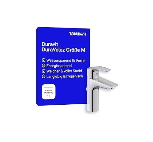 Duravit DuraVelez wassersparende Waschtischarmatur, Größe M (Auslauf Höhe 106 mm), energiesparende Waschbecken Armatur (FreshStart), Wasserhahn Bad mit Zugstangen Ablaufgarnitur, Chrom