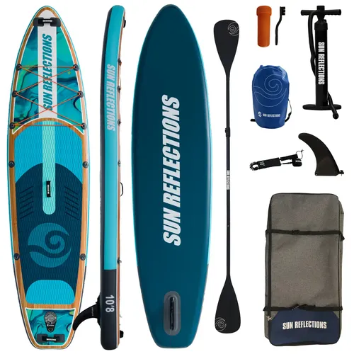 Sun Reflections M SUP 325cm 10'8 Aufblasbares Paddelboard Set - Aufblasbares Stand Up Paddle Board für Spaß auf dem Wasser. Mit einem Gewicht von nur 10 kg und einer Tragkraft von 140 kg ideal für Abenteuer. Inklusive Aluminium-Paddel und kompakt für den Transport.