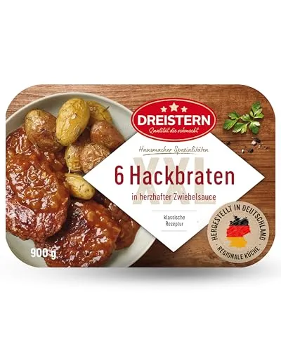 DREISTERN Hackbraten 900g – Herzhaft in Zwiebelsauce - Genießen Sie unsere schmackhaften Hackbraten in herzhafter Zwiebelsauce. Ideal für eine schnelle und unkomplizierte Mahlzeit, einfach in der Mikrowelle erwärmen. Hergestellt in Deutschland für beste Qualität und langen Genuss!