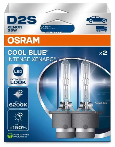 OSRAM D2S XENARC COOL BLUE INTENSE 6200K - 150% mehr Helligkeit - Autobeleuchtung mit bis zu 3000 Stunden Lebensdauer und strassenzugelassenem, extra blauem Licht für optimierte Sicht und Sicherheit.