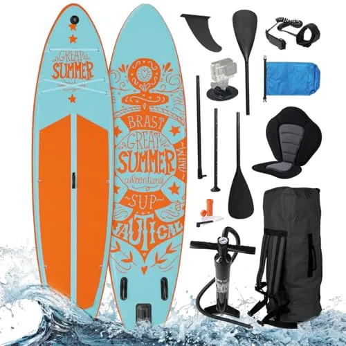 BRAST SUP-Board Summer - Aufblasbares Stand Up Paddle Set mit 5 Jahren Garantie - SUP-Board 320x81x15cm für Einsteiger und Fortgeschrittene, inklusive 2in1 Paddel, Kajak-Sitz und Action-Cam-Halterung. Ideal für Allround-Einsätze und höchste Kundenzufriedenheit 2024.