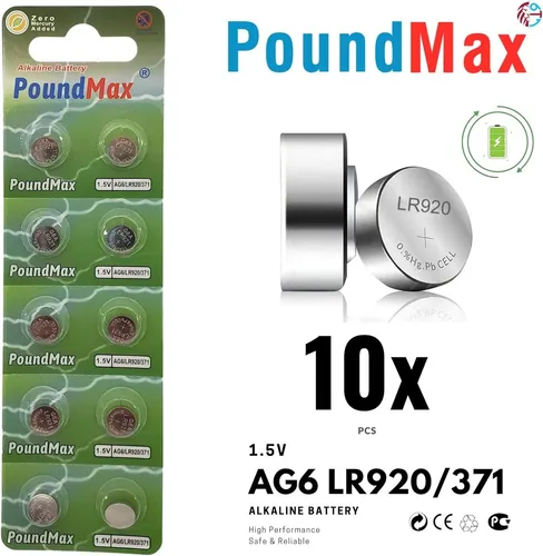 10x AG6 PoundMax Alkaline Knopfzelle/Uhren SR920SW, LR920, LR69, SR 920 1,5V