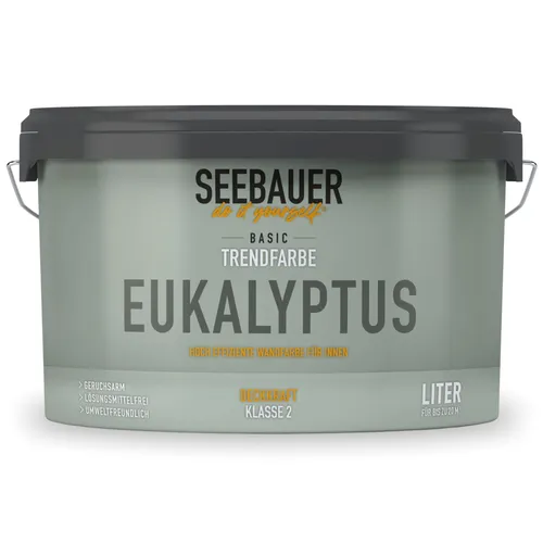 SEEBAUER diy Trendfarbe Hellgrün 2,5L (No. T10 Eukalyptus) für den Innenbereich - Edelmatte Wandfarbe Grün - Hochdeckende Innenfarbe in Profi-Qualität