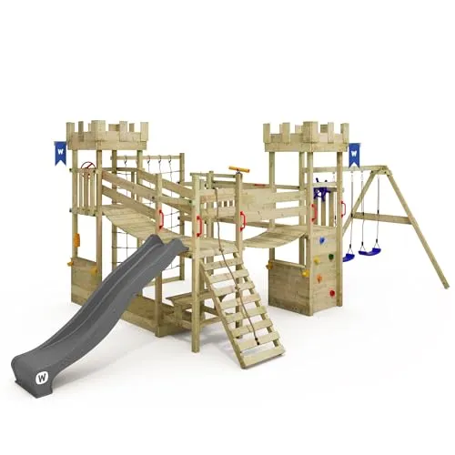 Wickey Klettergerüst Smart Arch – Ritterburg-Spielturm mit Wackelbrücke - Schaukeln, Rutschen und Klettern im Ritterburg-Design! Der Wickey Smart Arch bietet unvergessliche Abenteuer mit 10 Jahren Garantie und vielen Spielmöglichkeiten für kleine Entdecker.