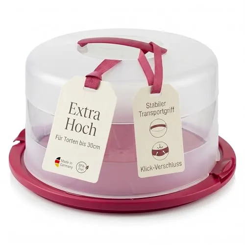 Lomatek Tortenglocke 38 x 33 x 16,5 cm, Kuchen Transportbox/Kuchenbox für Torten bis 30 cm Durchmesser, mit Haube & Tragegriff, BPA-frei, Made in Germany, in Himbeere/Transparent
