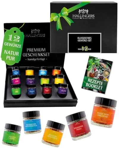 Hallingers Genuss Manufaktur Gewürze Geschenkset – 12 Premium Gewürze im Glas, edle Geschenkbox zum Kochen & Grillen, Gewürz-Set "Klassiker", Geschenkidee für Männer & Frauen, Geburtstag & Weihnachten