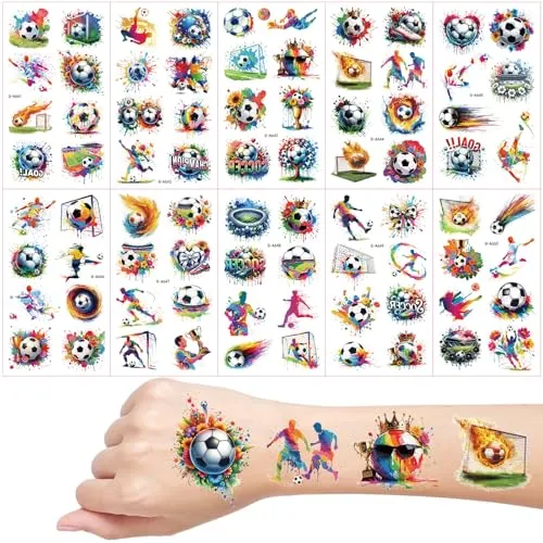 Fussball Tattoos für Kinder, 10 Blätter Wasserfarben Fußball Temporäre Tattoos, Kinder Tattoo Hautfreundlich, Schultüte Füllung, Mitgebsel Kindergeburtstag