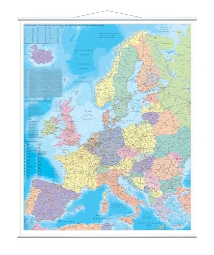 FRANKEN Kartentafel Europa 1:3.600.000 - Lehrmaterial Landkarten, beschreibbar und trocken abwischbar, ideal für Notizen und Präsentationen, rollbar und mit Metallleisten für einfache Wandbefestigung.