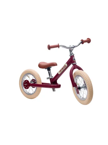 Trybike 2-Rad Stahl - Vintage Rot - Stylisches 2-Rad-Laufrad mit braunem Sattel und großen beigen Rädern. Ideal für Kinder von 2 bis 6 Jahren, um Balance zu trainieren und das Radfahren zu lernen. Höhenverstellbare Räder und Sitz bieten individuellen Komfort.