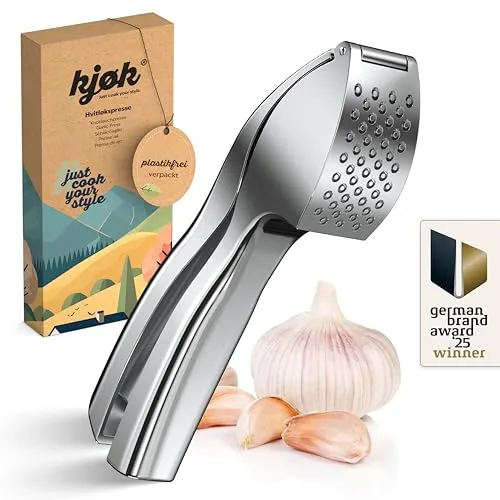 kjøk Premium Knoblauchpresse - Zinklegierung in Chrom glänzend - profi Knoblauch Presse spülmaschinenfest praktische & stylische Knobipresse - garlic pro press leicht zu reinigen - Muttertagsgeschenk