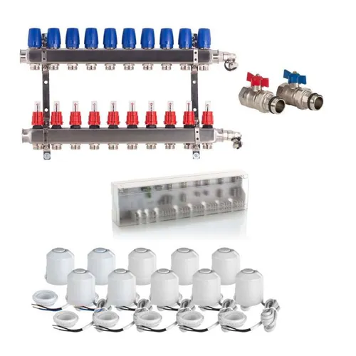 Heizkreisverteiler Komplettset BASIC für Fußbodenheizung 10 Heizkreise - Fußbodenheizungen, vollständiges Set für effiziente Wärmeverteilung in Ihrem Zuhause, ideal für Neubauten oder Renovierungen.