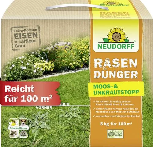 Neudorff Rasendünger Moos- und UnkrautStopp 5 kg - Rasendünger für gesunden Rasen, enthält Moos- und Unkrautstopp für eine grüne, dichte Fläche, ideal für Gartenliebhaber.